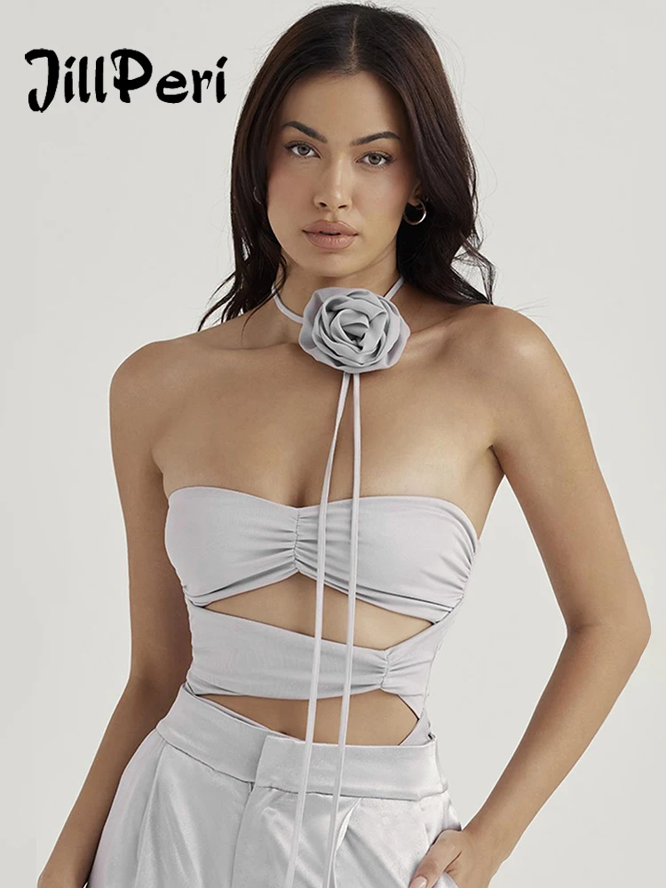 

JillPeri Embellished Floral Double Layered Satin Strapless Bodysuit Women Ruched Sexy Hollow Out Outfits Bodycon Chic Bodysuits