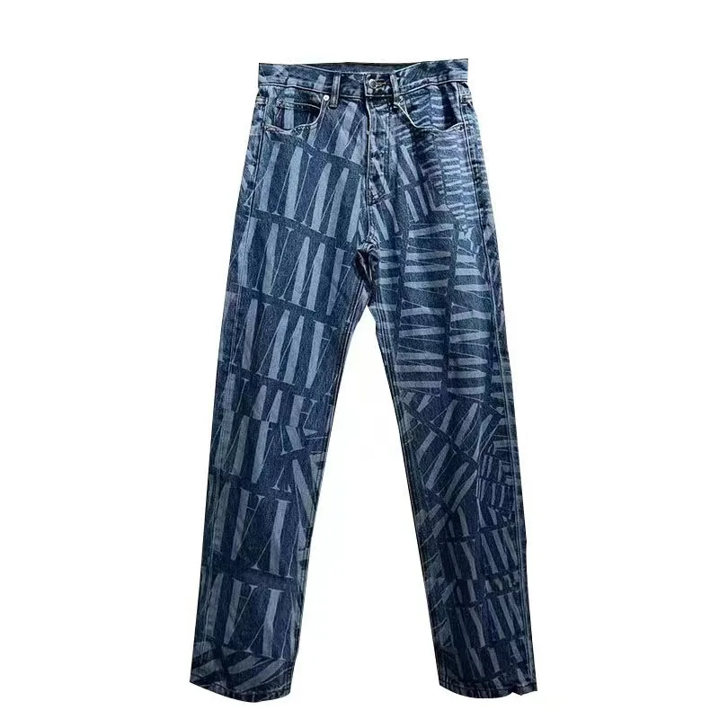 Women's Straight Jeans English Logo Printed High Waist Elastic Wide Leg Trousers Embroidered Luxury Splicing Ladies Clothes 2024