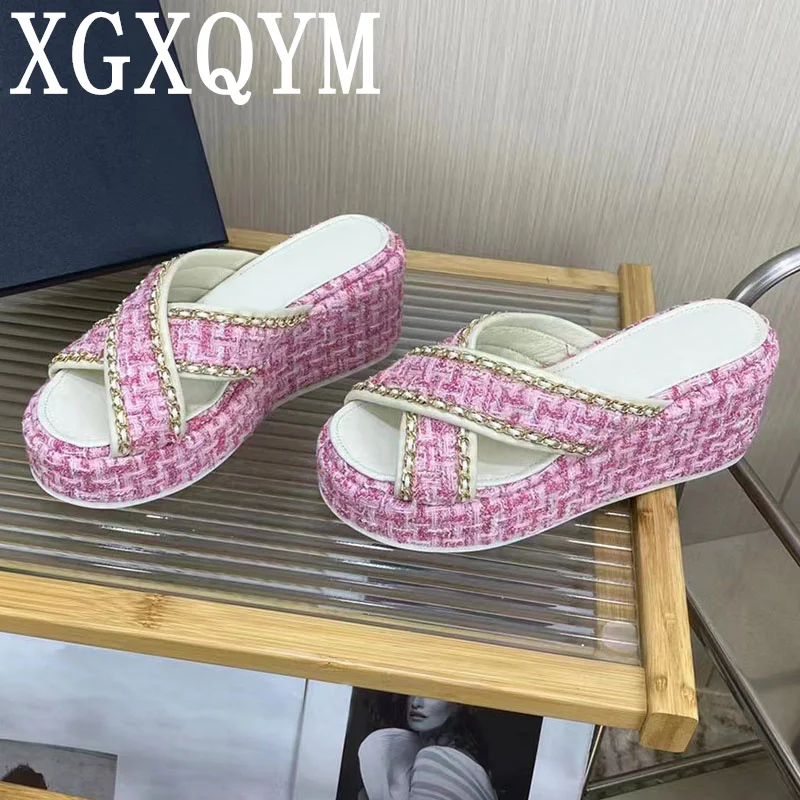 

2023 Summer Peep Toe Women Thick Sole Slippers Cross Tied Ladies Slip On Outwear Mutlicolor Height Increasing Patchwork Slippers