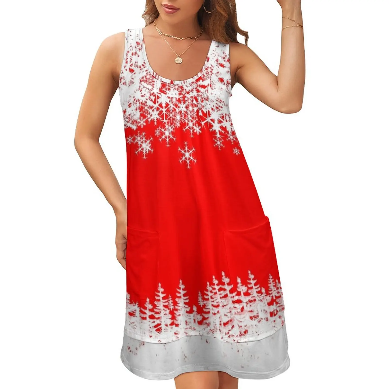 

Christmas holiday Santa snowflakes Sleeveless U-Neck Fake Two Piece Dress dress for women