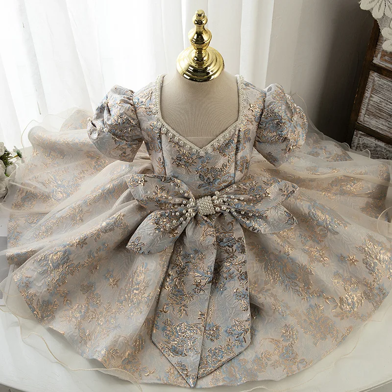 

Linen Girls V Neck Dresses Bow Cute Pearls Dress Birthday Prom Princess Puff Sleeve New 2023 Wedding Elegant Evening Ball Gown
