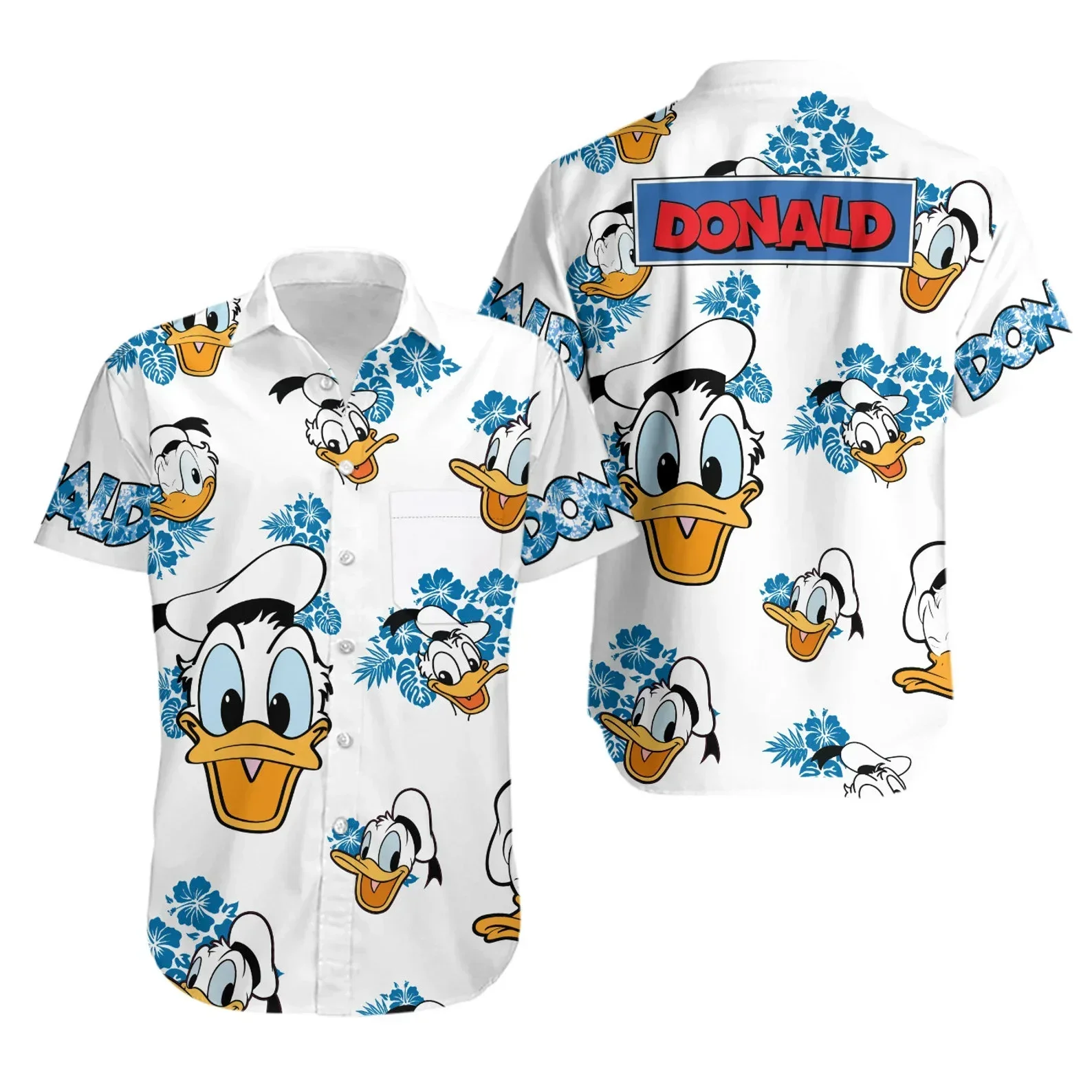 

2024 Donald Duck Hawaiian Shirts Men's Short Sleeve Tops Disney Hawaiian Casual Beach Short Sleeve Vintage Button Down Shirt