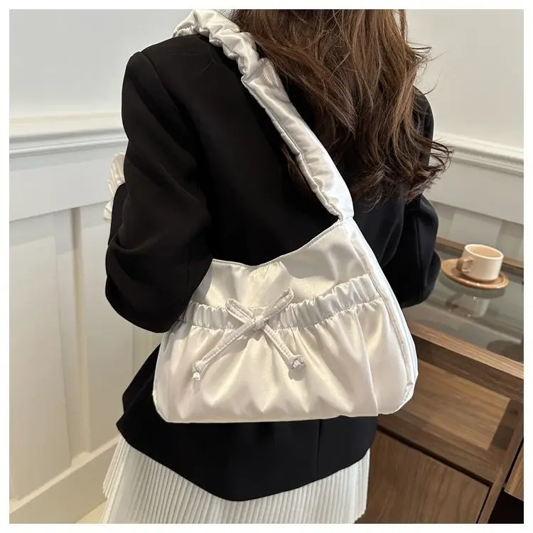 Sweet Satin Pleats Bow Design Shoulder Bags for Women 2024 Y2K Designer Korean Fashion Handbags and Purses Female Crossbody Bag