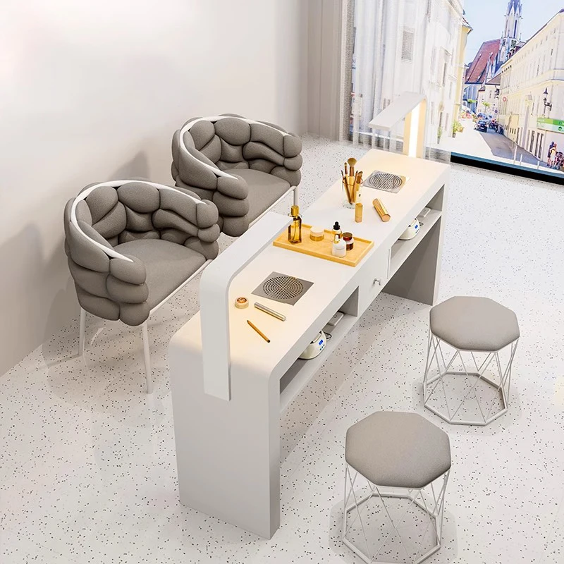 Table à ongles française crème avec lampe Design Glamour Table à ongles européenne moderne Simple Mesa De manucure meubles De Salon De beauté