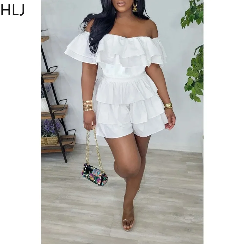 HLJ Fashion Off Shoulder Ruffle Ruched Design Rompers Women Short Sleeve Slim Jumpsuit Casual Female Solid Color Pleated Overall