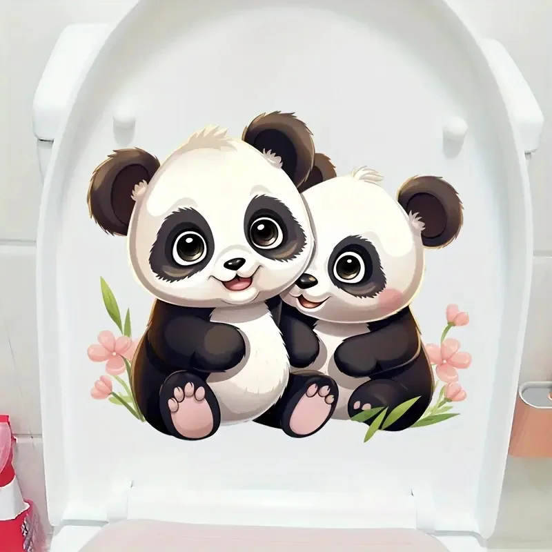 Two Cute Panda Toilet Stickers, Bright Bathroom for Home Decoration, Vinyl Animal Decals, Art Wall Paper, Poster