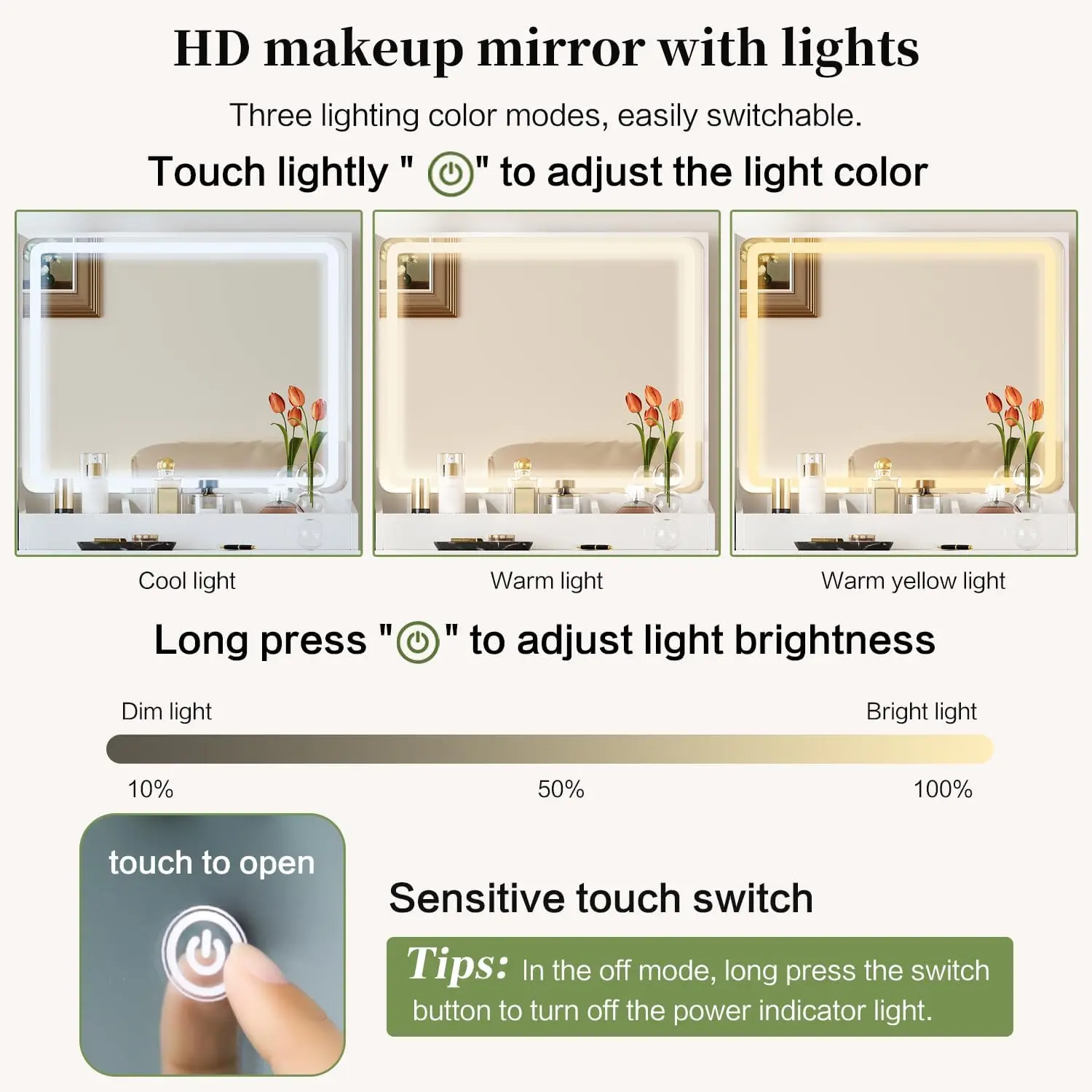 Large Vanity Desk with 3 Color Touch Screen Dimming Mirror, Vanity Desk with Charging Station, Modern Retractable Makeup Dressin