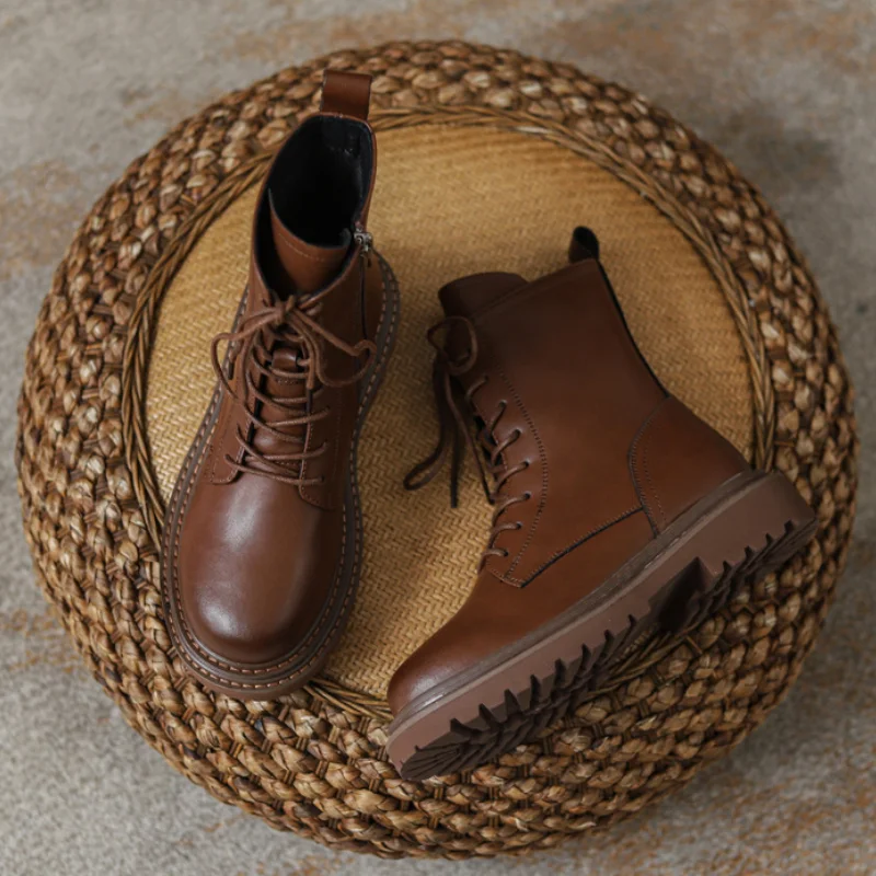 Women Leather Ankle Boots Autumn Winter Lace Up Black Brown Low Square Heels Elegant Zipper Round Toe Streets Shoes Botas Mujer