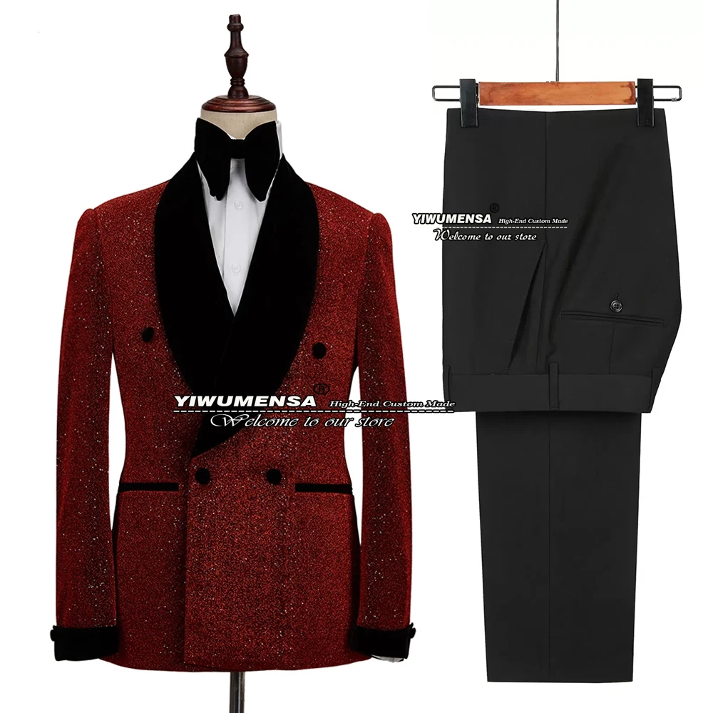Glitter Burgundy Wedding Tuxedo Formal Grooms Mens Suits Skinny Double Breasted Coat With Black Velvet Blazer Masculino 2 Pieces