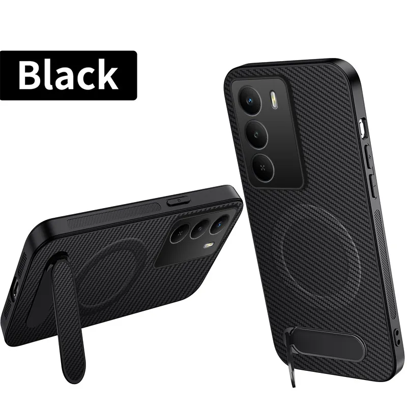Business Carbon Fiber Magnetic Phone Case with Foldable Kickstand and Anti-Fall Texture Cover