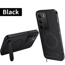Sleek Carbon Fiber Shockproof Phone Case with Foldable Stand and Magnetic Shell for Pova 7 Pro 5G (Black)