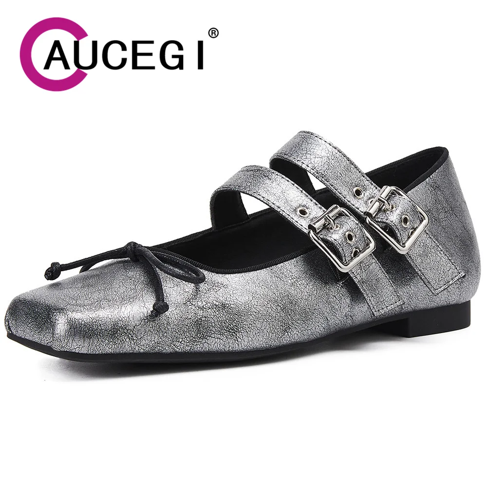 

Aucegi 2024 Summer New Brand Women Flats Heels Fashion Square Toe Shallow Soft Sheepskin Casual Buckle Strap Mary Jane Shoes