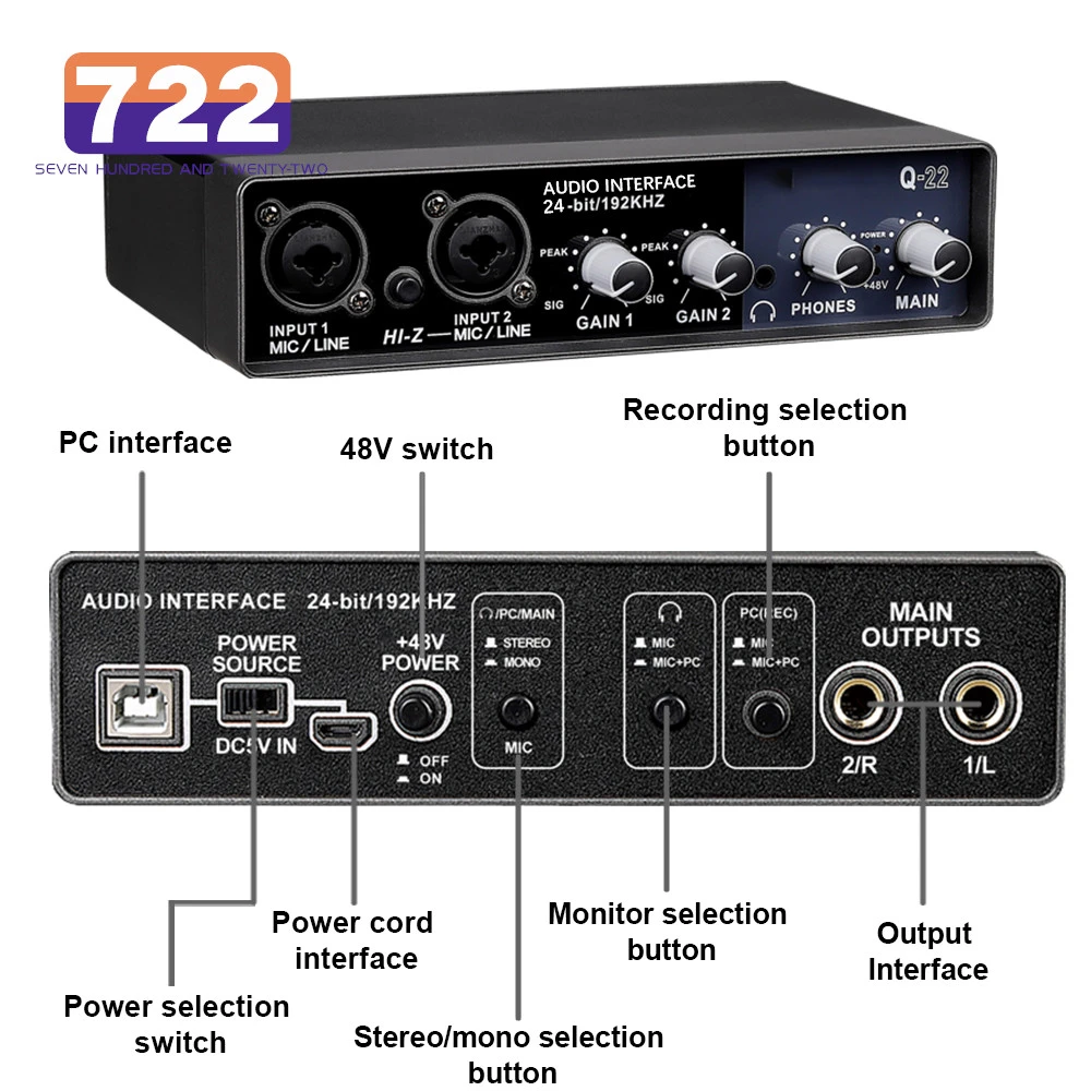 Hd New Q22 Audio Interface Usb Sound Card With Monitoring Mic