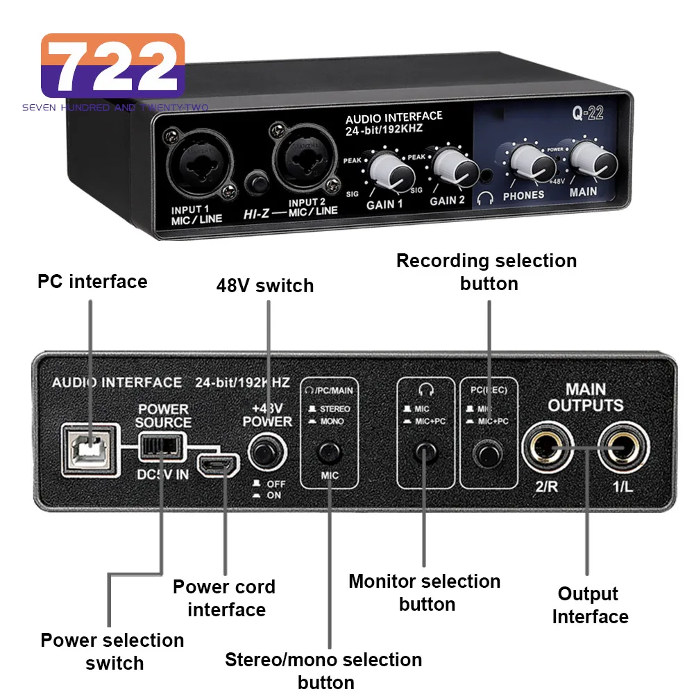 Hd nova q22 interface de áudio usb placa de som com monitoramento mic