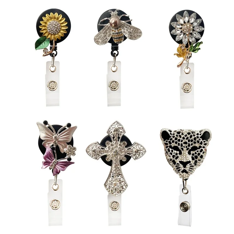 

360° Rotatable Bee Sunflower Butterfly Design Back Clip ID Name Badge Reel for Nurse Staff Work Pass Card Tag Badge Holder Clip