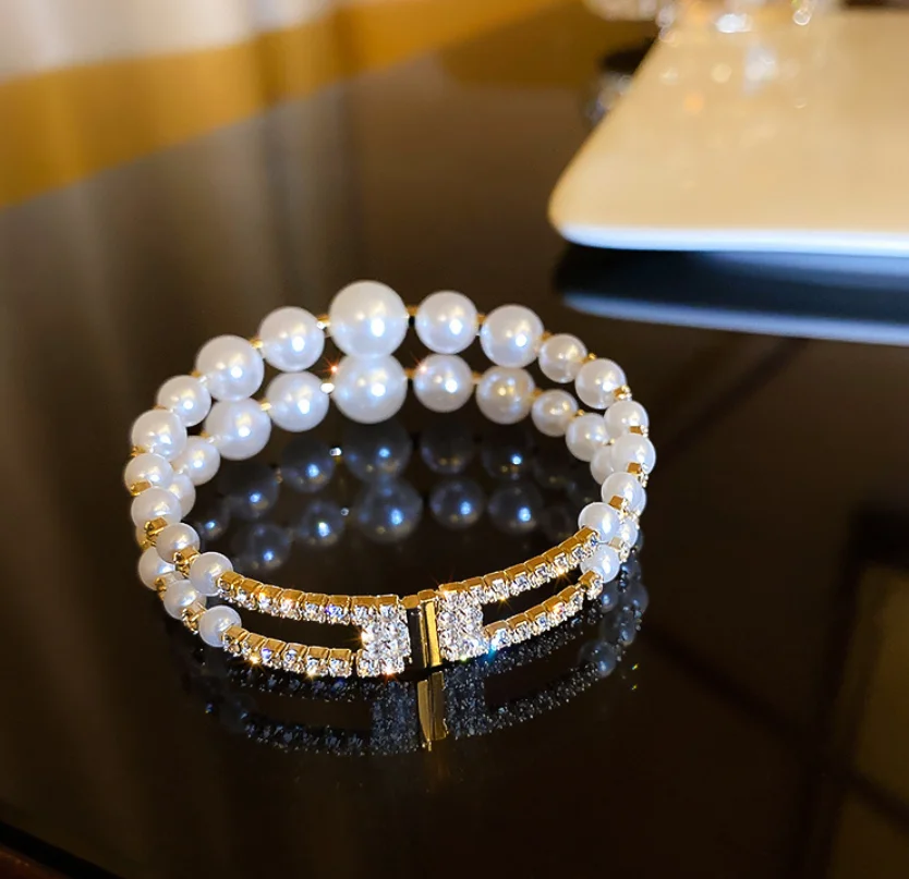 2022 new trend Alloy Pearl Rhinestone double layer hand String Bracelets for women Fashion Jewelry