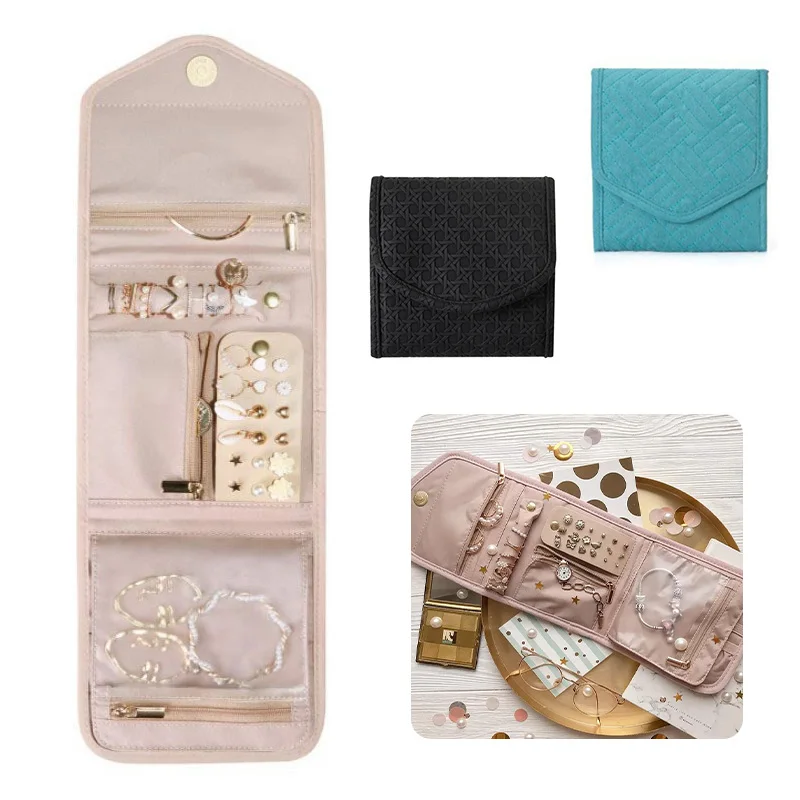 

Складная бархатная сумка для украшений в рулоне, Портативная сумка для хранения ожерелий, серег, колец, дорожный органайзер для ювелирных изделий