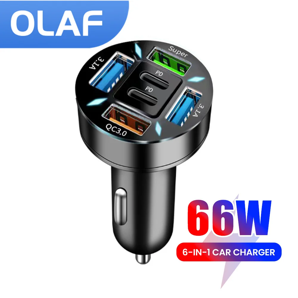 

Olaf 6 in1 Quick Charge PD 3.0 USB Car Charger Fast Charging Type C Cable Mobile Phone Chargers For Huawei Samsung Xiaomi