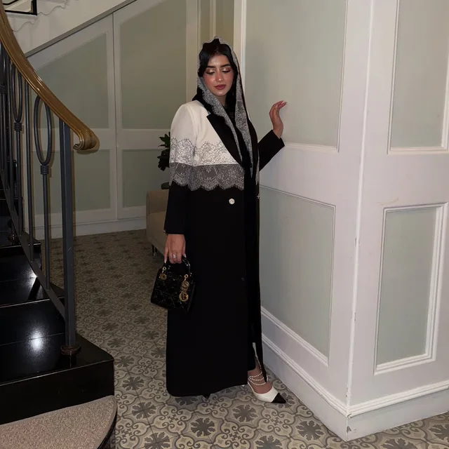 Modest Lace Trim Abaya Middle East Open Front Abaya Headscarf Lapel Abaya Long Sleeve Kaftan Robe Muslim Dress For Women 2