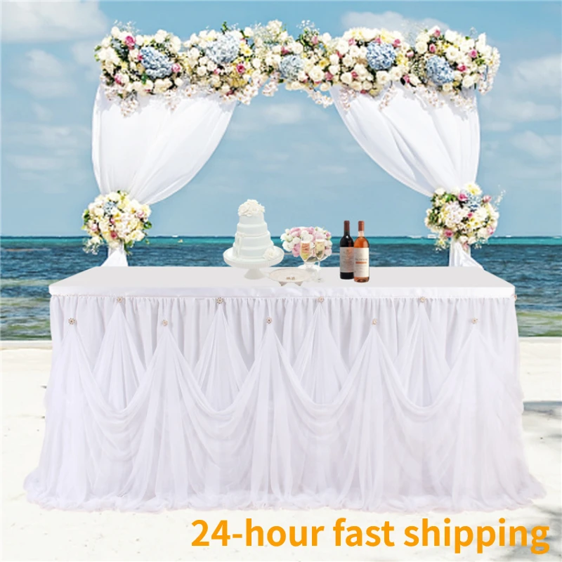 

New Hanging Drill Table Skirt Wedding Decoration Home Birthday Party Table Around Halloween Scene Layout Tutu Fluffy Gauze Skirt