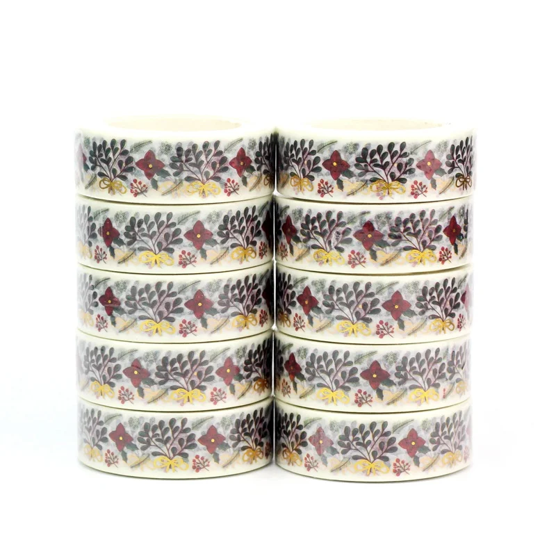 

NEW 10pcs Deco Gold Foil Green Christmas Leaves & Bow Washi Tapes for Gift Wrap Masking Tape Cute Journal Stationery Supply