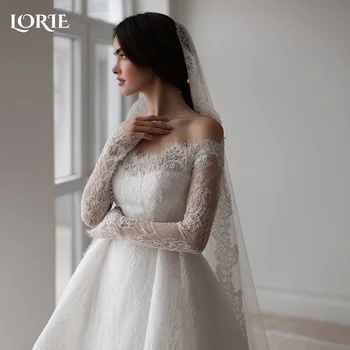 فستان زفاف LORIE Boho بدون أكتاف وأكمام طويلة من الدانتيل على الشاطئ الأميرة زر فستان زفاف مخصص على شكل حرف a فساتين العروس البوهيمية