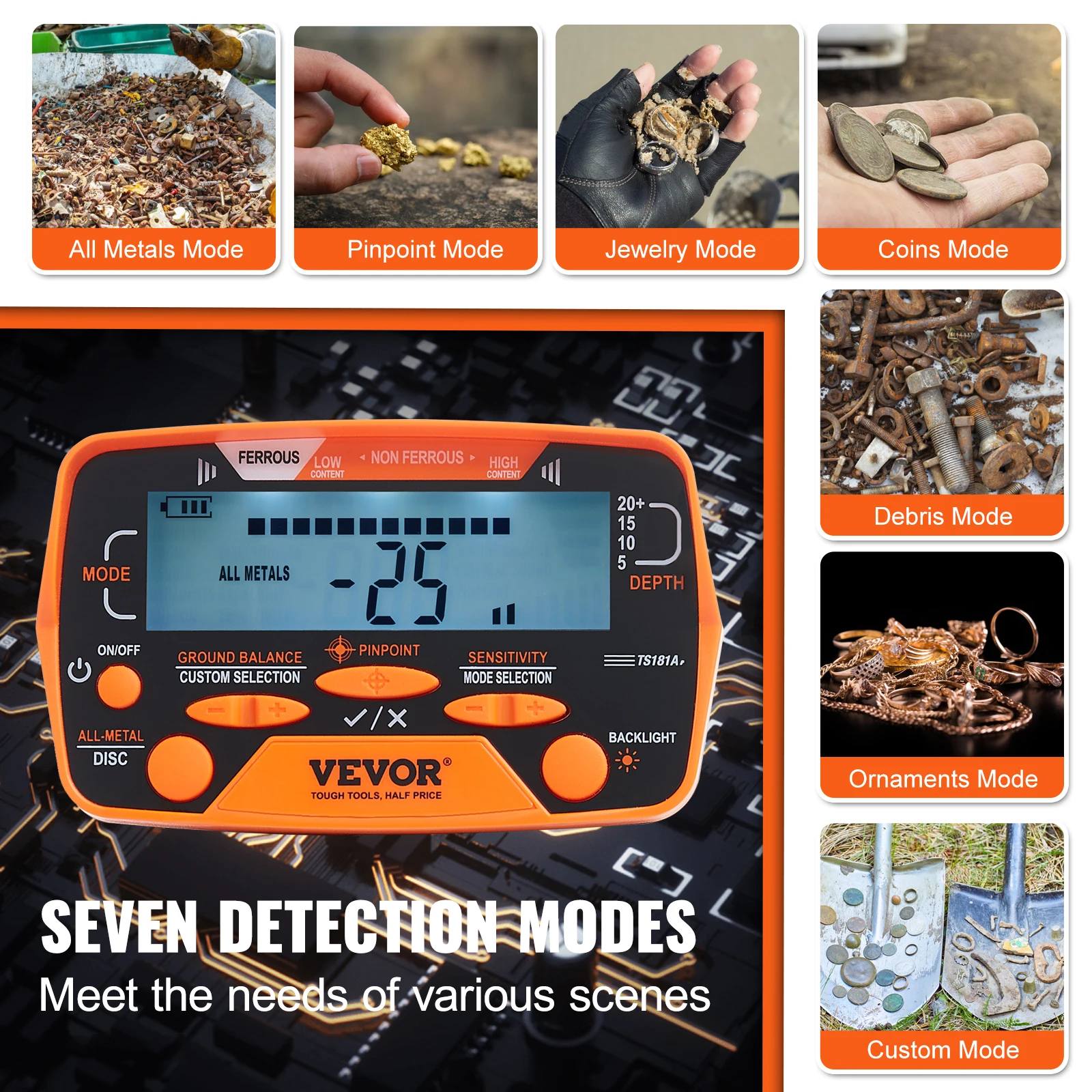 VEVOR Metal Detector 10" Coil Higher Accuracy Gold Detector W/LCD Display 7 Modes DSP Chip For 10" Depth Detecting Gold Treasure 4