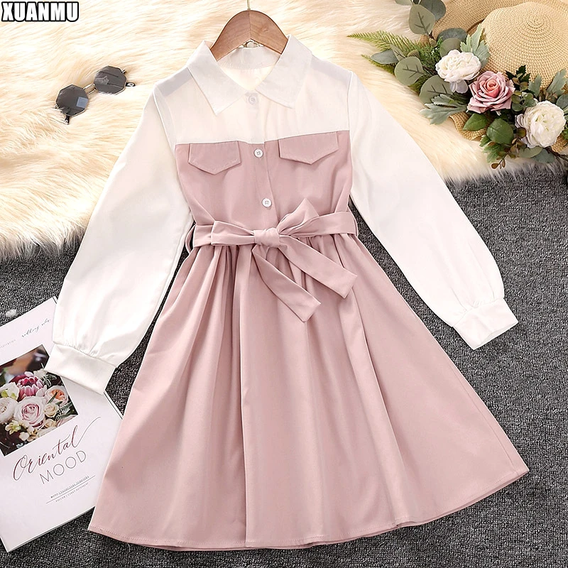 XUANMU Kids Long Sleeve Dress for Girls Spring Autumn New Child Casual Shirred Patched Princess Dress Clothing X026A_viptrois.com
