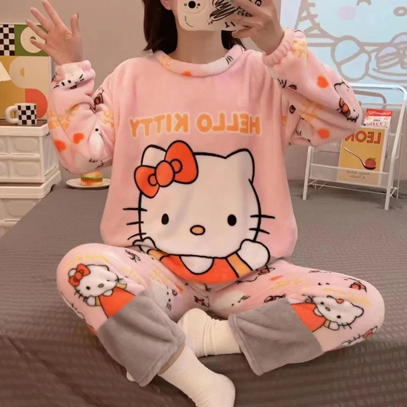 

Пижама Sanrio зимняя Фланелевая Пижама женская Милая аниме Hello Kitty с длинными рукавами Толстая Коралловая флисовая Милая мультяшная домашняя одежда