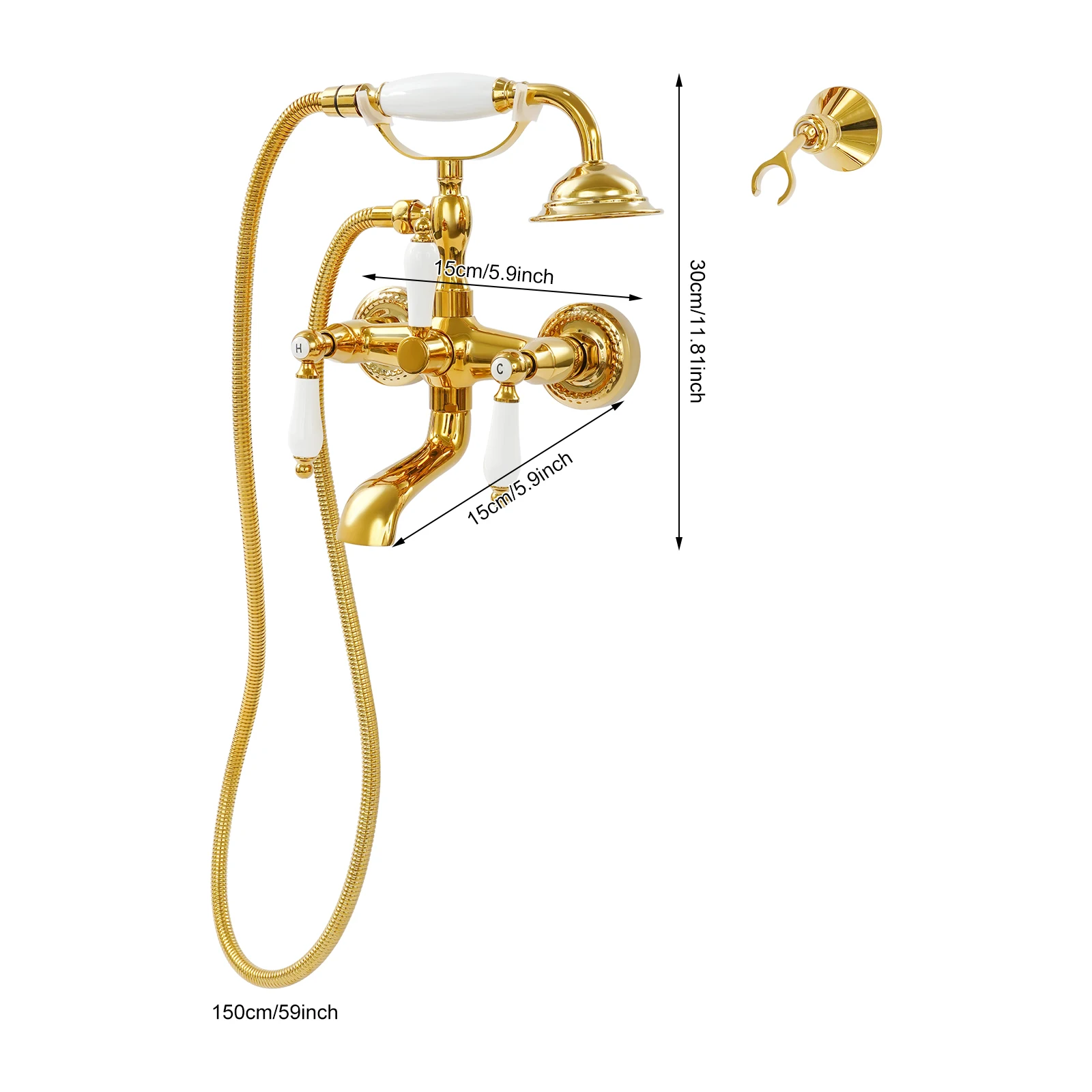 Wandmontierter Badewannen-Wasserhahn im Vintage-Stil mit Handbrause in Silber/Gold – Detail 9