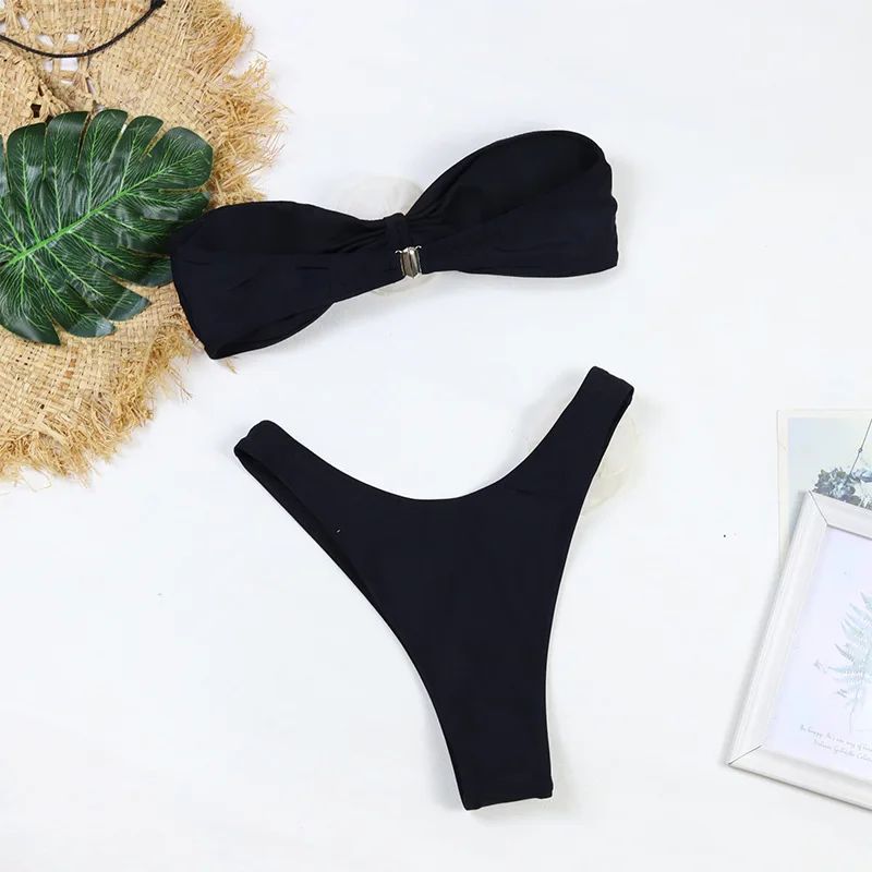 Floral Bikini Set - Women's Two Piece Swimsuit With Bandeau Top & Low-Rise Bottoms
