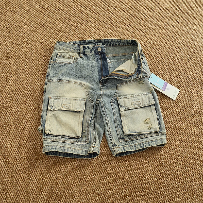 Summer new popular denim medium pants fashion men high street trend fashion baggy multi-pocket cargo quarter pants