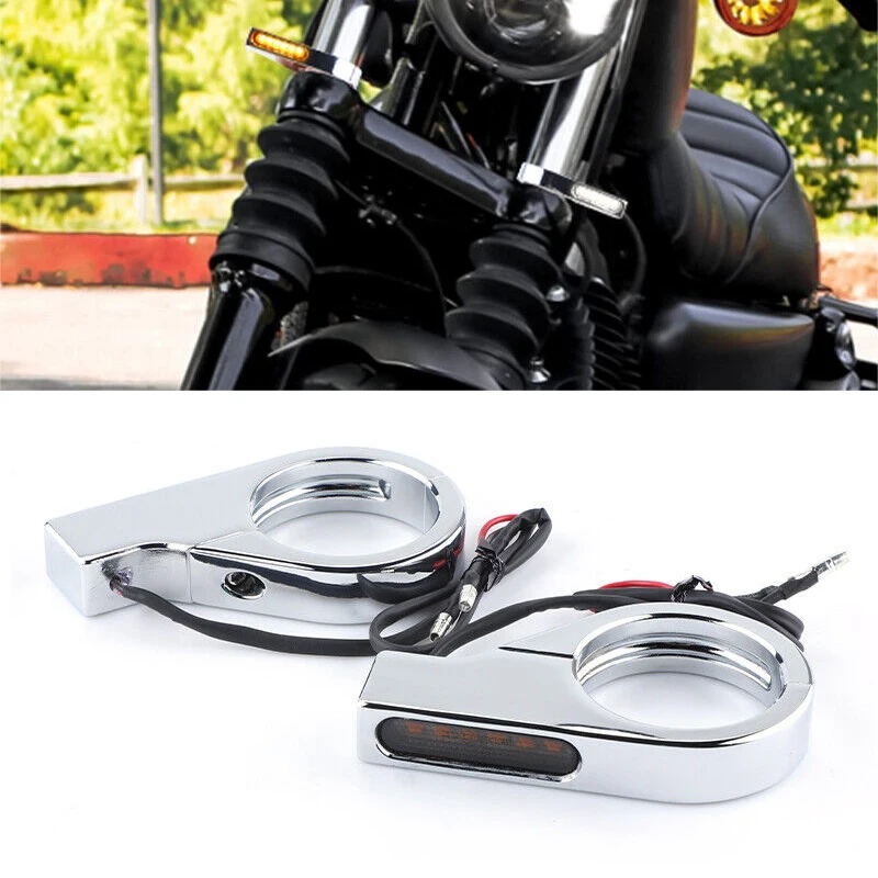 

1 Pair 12V Chrome Universal Motorcycle Front Fork Clamp LED Turn Signal Light Indicator Lamp Amber White DRL 39-41mm New