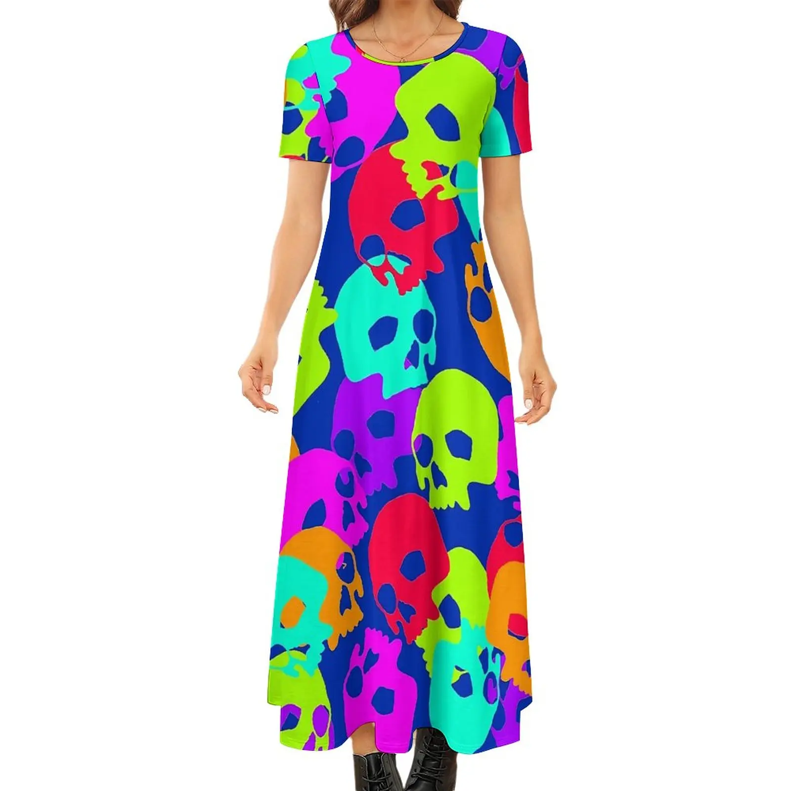 

Candy Skull Dress Colorful Skulls Cute Maxi Dress Ladies Short Sleeve Funny Boho Beach Long Dresses Big Size