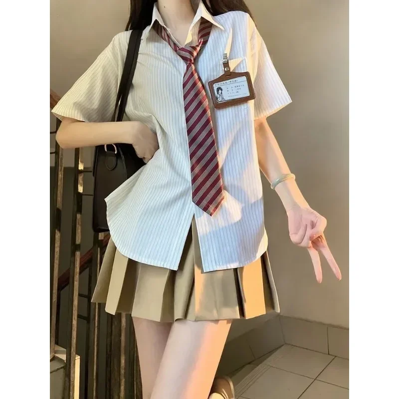Japanese Style Striped Short Sleeved Jk Uniform Tie Women Summer Korean Chic Sailor Uniform Shirt Skirt School Clothes
