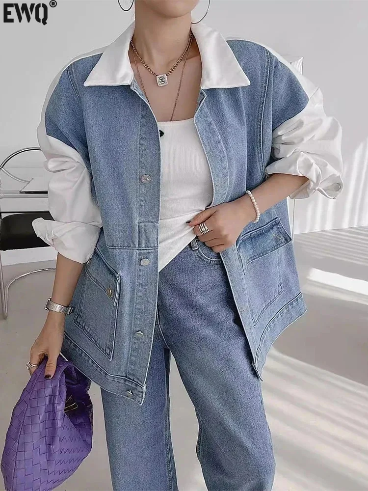 

Женская джинсовая куртка с карманами [EWQ], синяя однобортная джинсовая куртка с карманами, модель 16O949 на осень, 2024