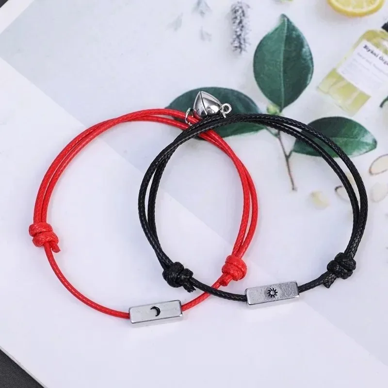 2pcs/set Magnetic Couples Bracelet Moon Sun Handmade Braided Heart Shaped Matching Attraction Adjustable Bracelets Jewelry Gifts
