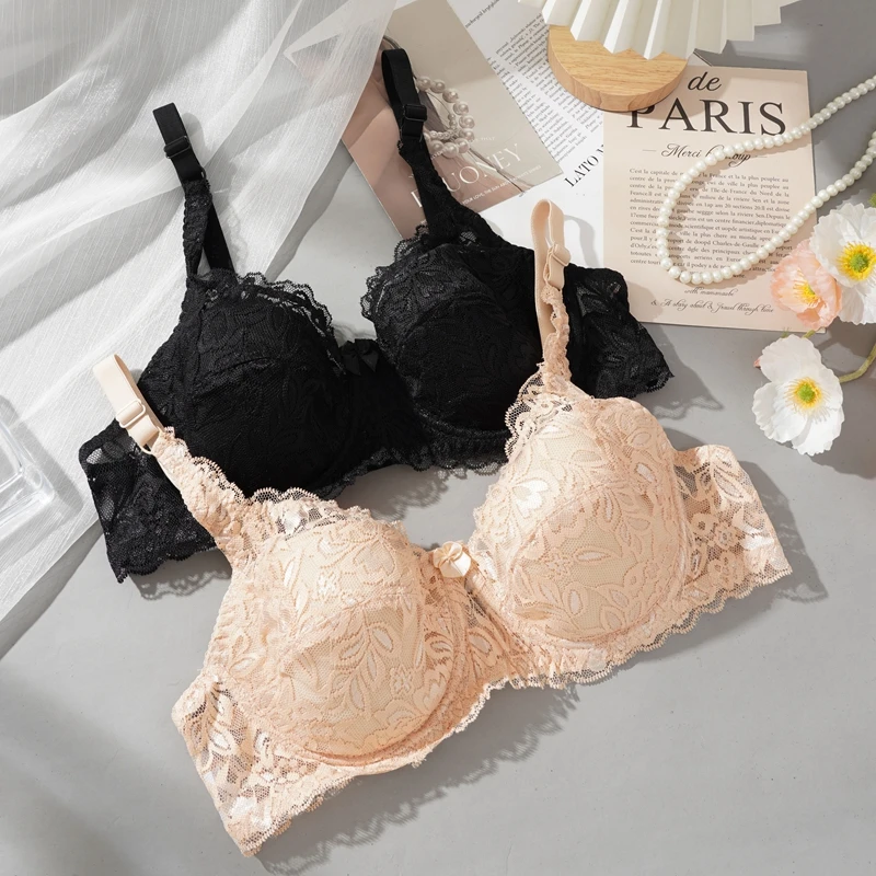 Women New Sexy Floral Lace Bras Comfort Breathable Underwear Brassiere Summer Thin Push Up Bras Solid Color Lace Bra 4