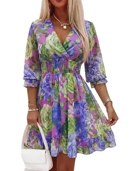 Women Floral Boho Wrap Dress V-Neck High Waist Short Layered Summer Casual Beach Guest Dress