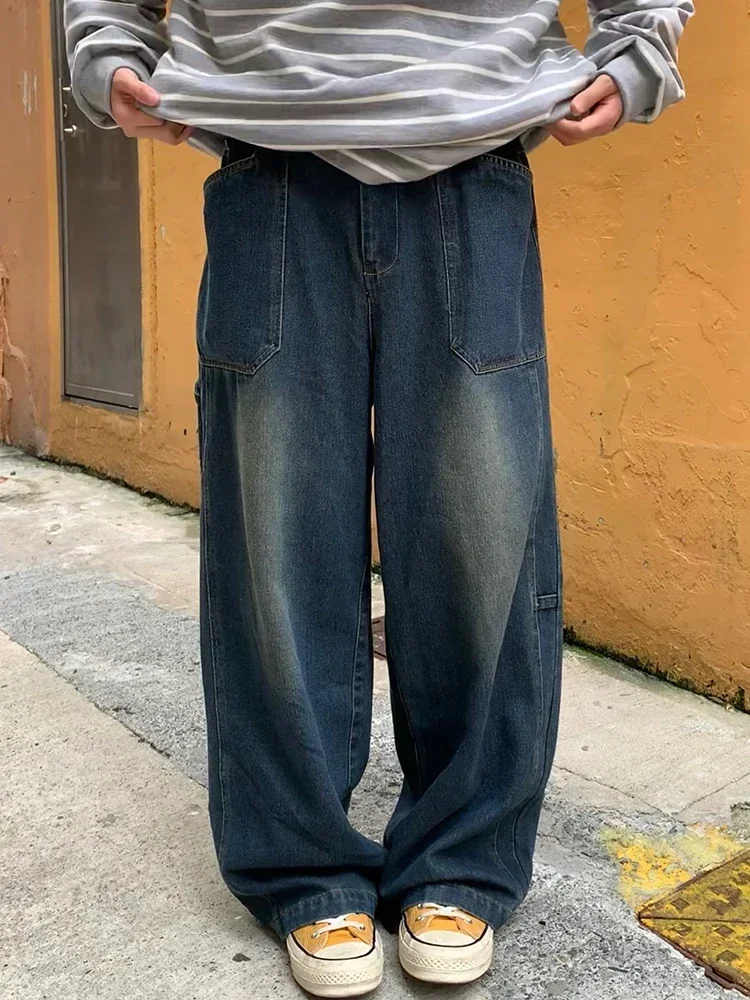 Harajuku Washed Jeans Men Women Hip-hop Distressed Straight-leg Denim Pants Street Vintage Loose Wide-leg Trousers Casual Unisex