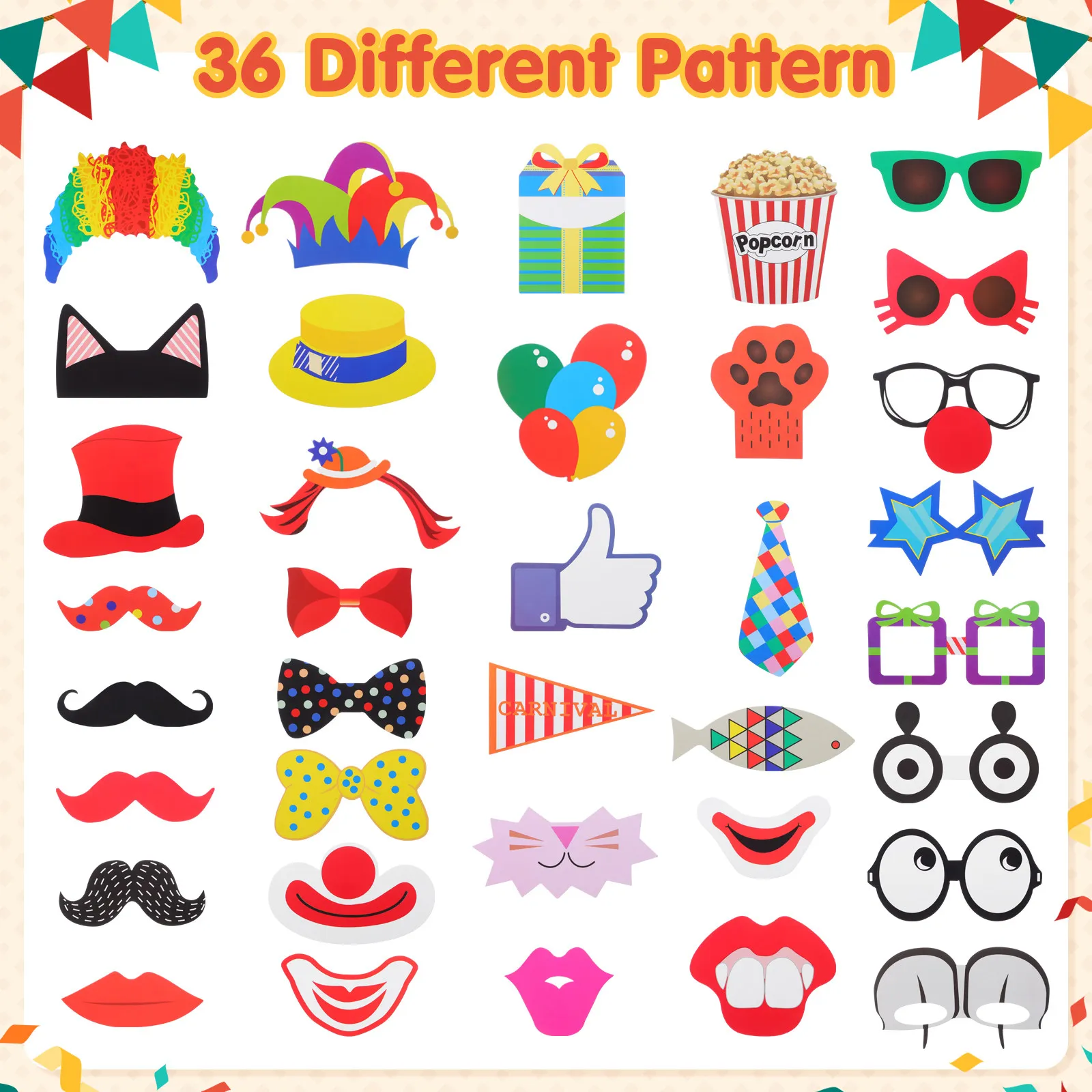 36Pcs 사진 부스 소품 생일 웨딩 카니발 독신 파티 액세서리를 위한 두꺼운 판지 컬러 활기찬 서커스 디자인