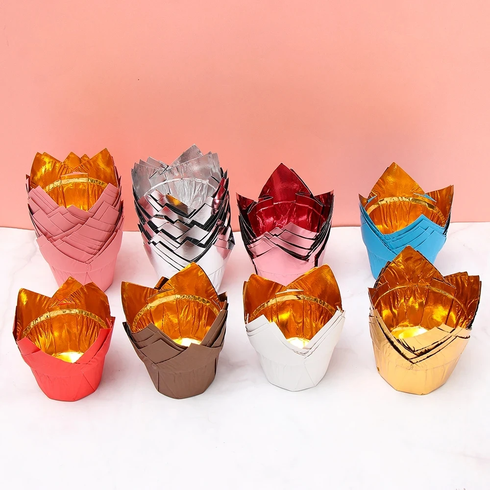 50 Stück Tulpen-Backförmchen, Aluminiumfolie, Cupcake-Muffin-Einlagen, Creme Brulee-Behälter, Party-Dekoration für Hochzeit, Geburtstag – Detail 8