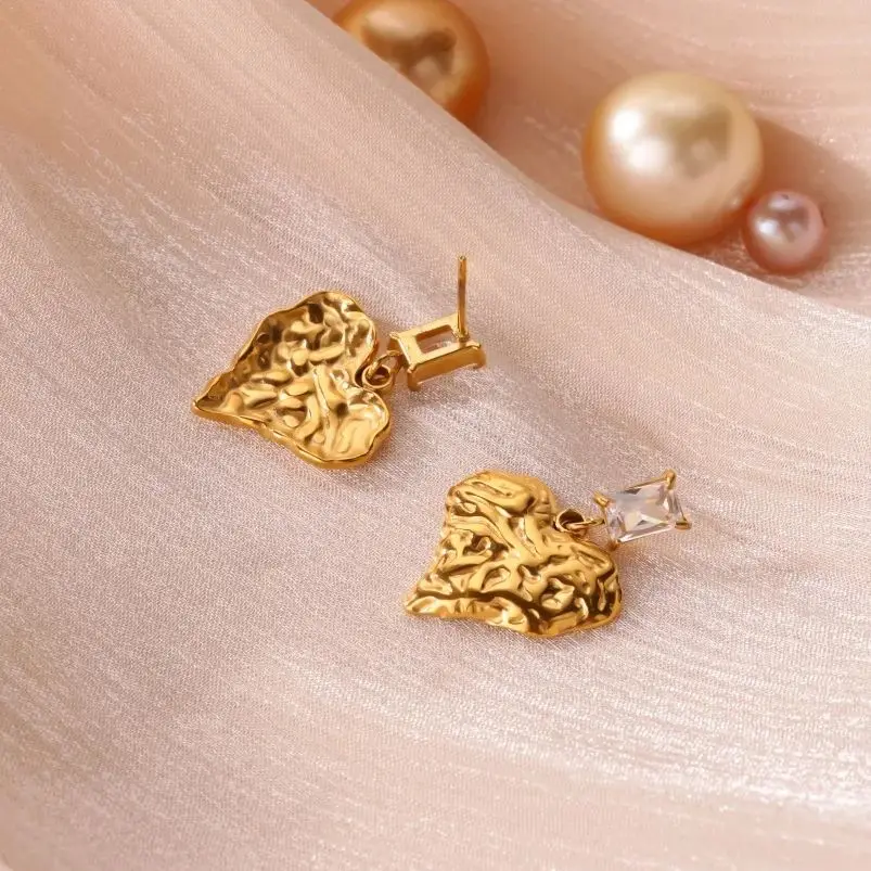 Heart Stud Earrings for Women Girls Cubic Zirconia Gold Color Stainless Steel