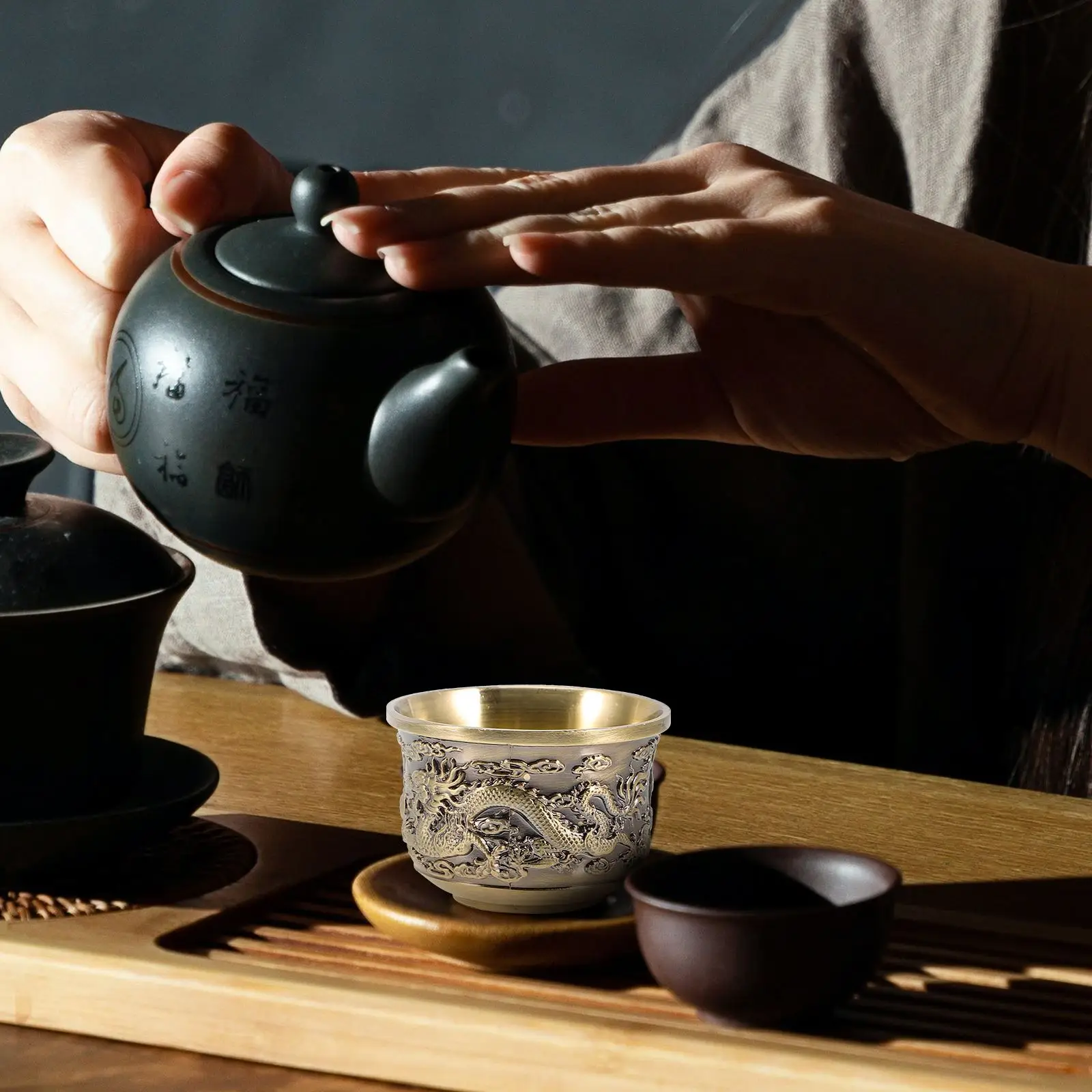 Zinc Alloy Bronze Dragon Phoenix Tea Cups Vintage Chinese Style Retro Teacup Reusable Drinkware Glass Kitchen Bar Home