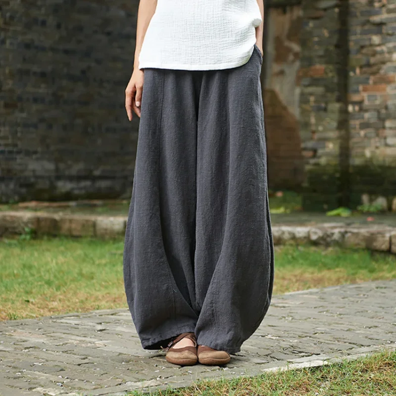 Autumn Summer Cotton Linen Chinese Traditional Style Bottoms Zen Retro Slimming Casual Loose Bloomers Trousers for Women