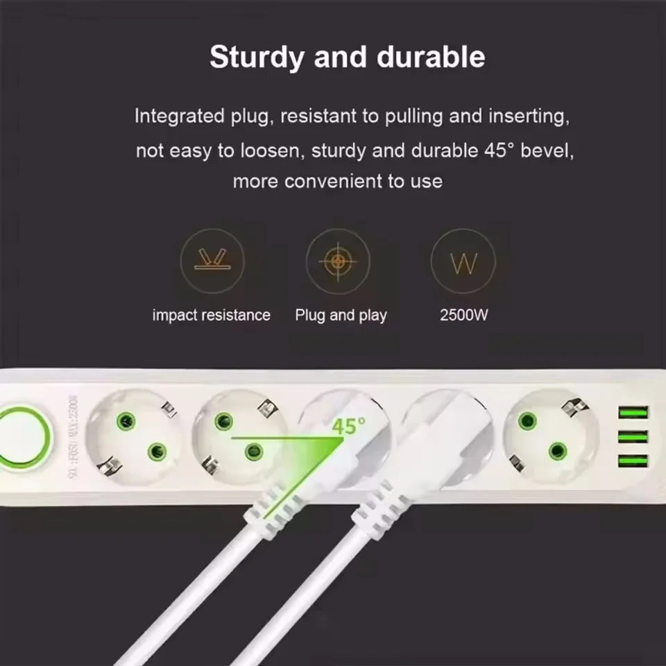 High-Power EU Plug Power Strip with USB Ports & 2m Extension Cord