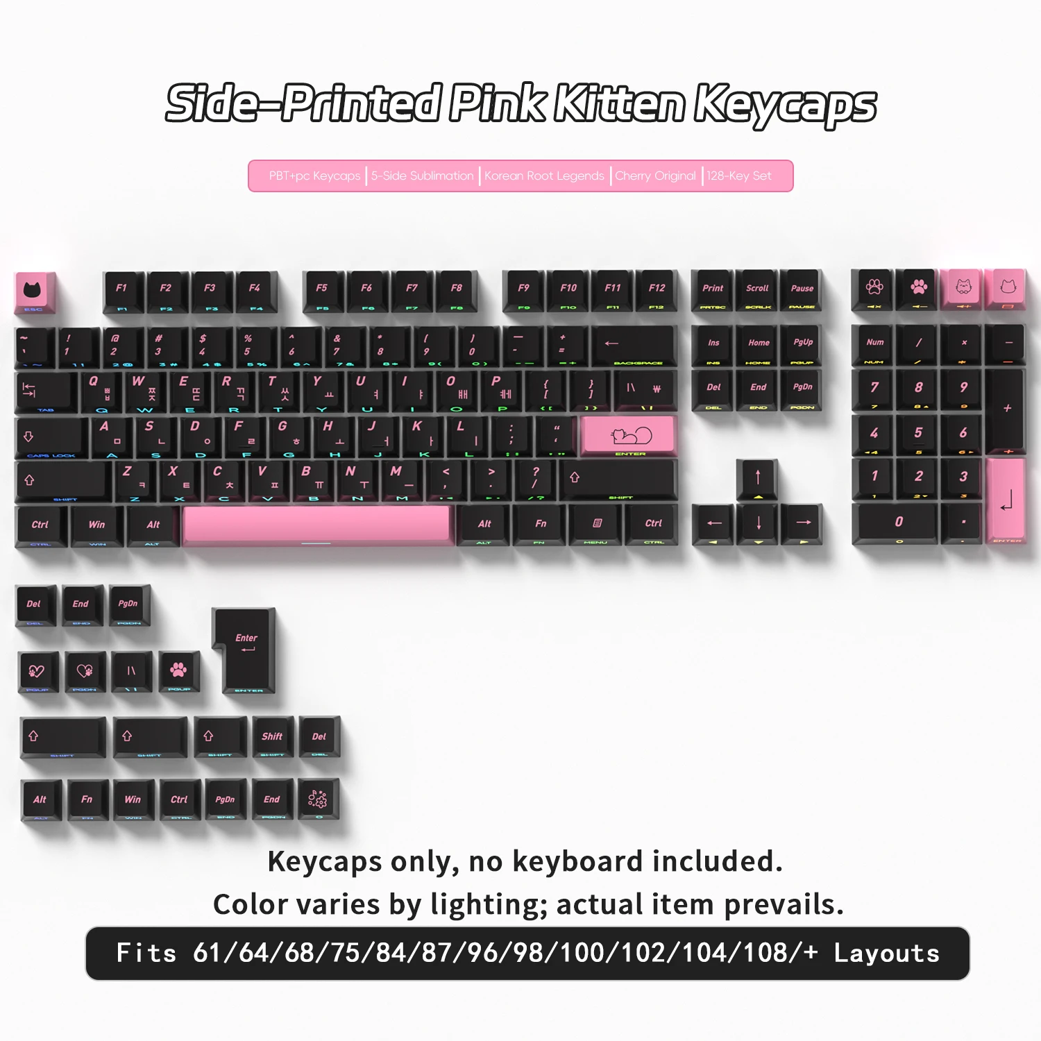 Black Pink Cat Korean Side-Printed Translucent Keycaps - Cherry Profile Gaming Keyboard Key Caps