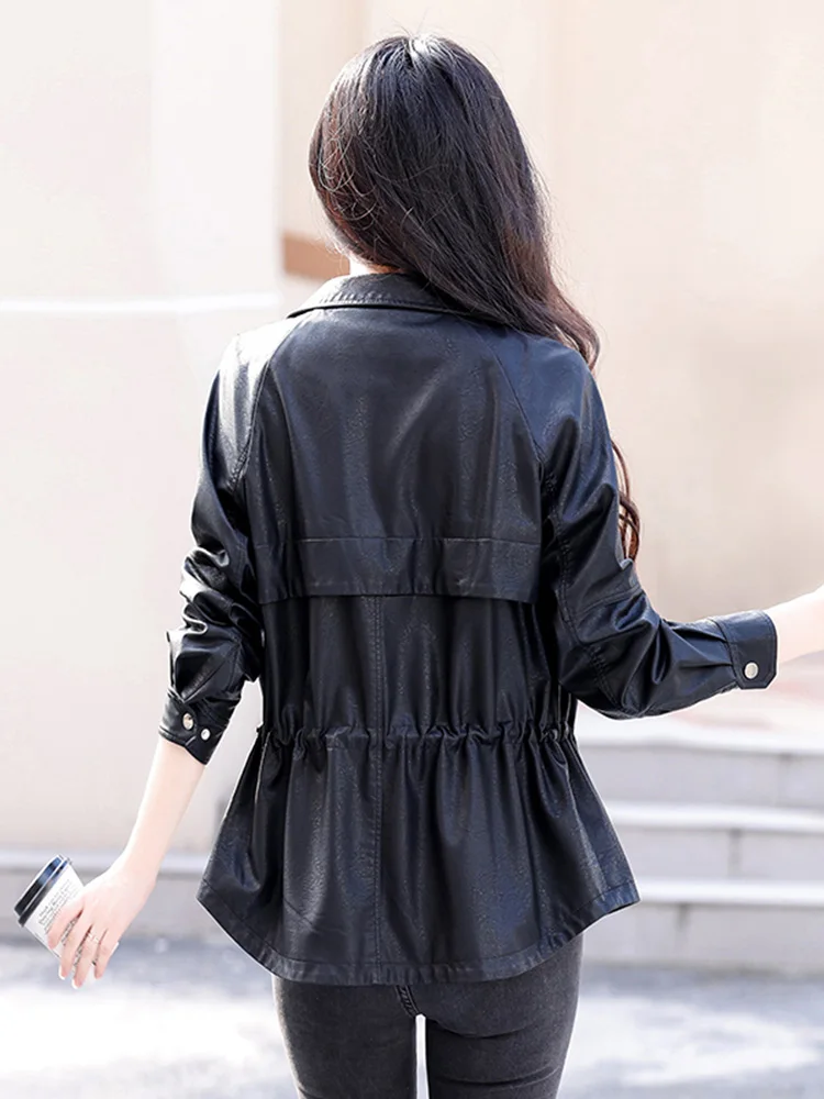 New Women Leather Jacket Spring Autumn Fashion Long Sleeve Drawstring Waist Sheep Leather Coat Casual Solid Biker Jacket Female