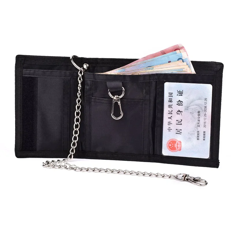 Men's Casual Nylon Tri-Fold Wallet Fashion Mini Card Holder Cash Wallet with Chain New Design Male Short Key Chain