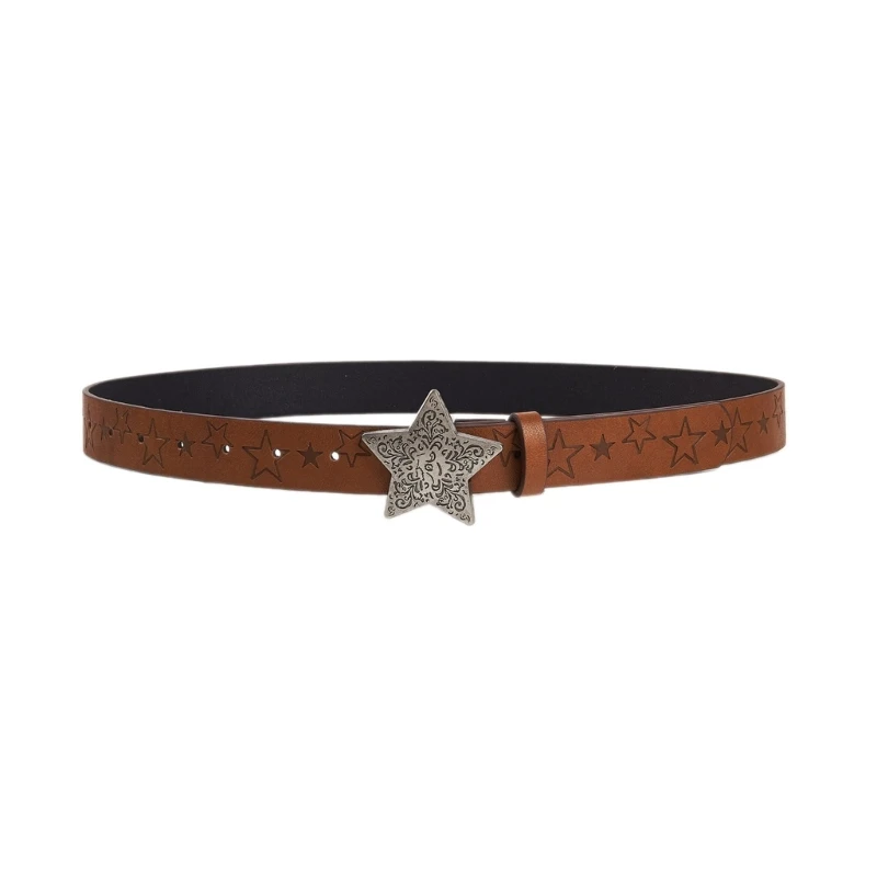 

Vintage Star Pattern Buckle Waist Belt Western Cowboy Cowgirl Adjustable Engraved Faux Leather Waistband for Women Jeans